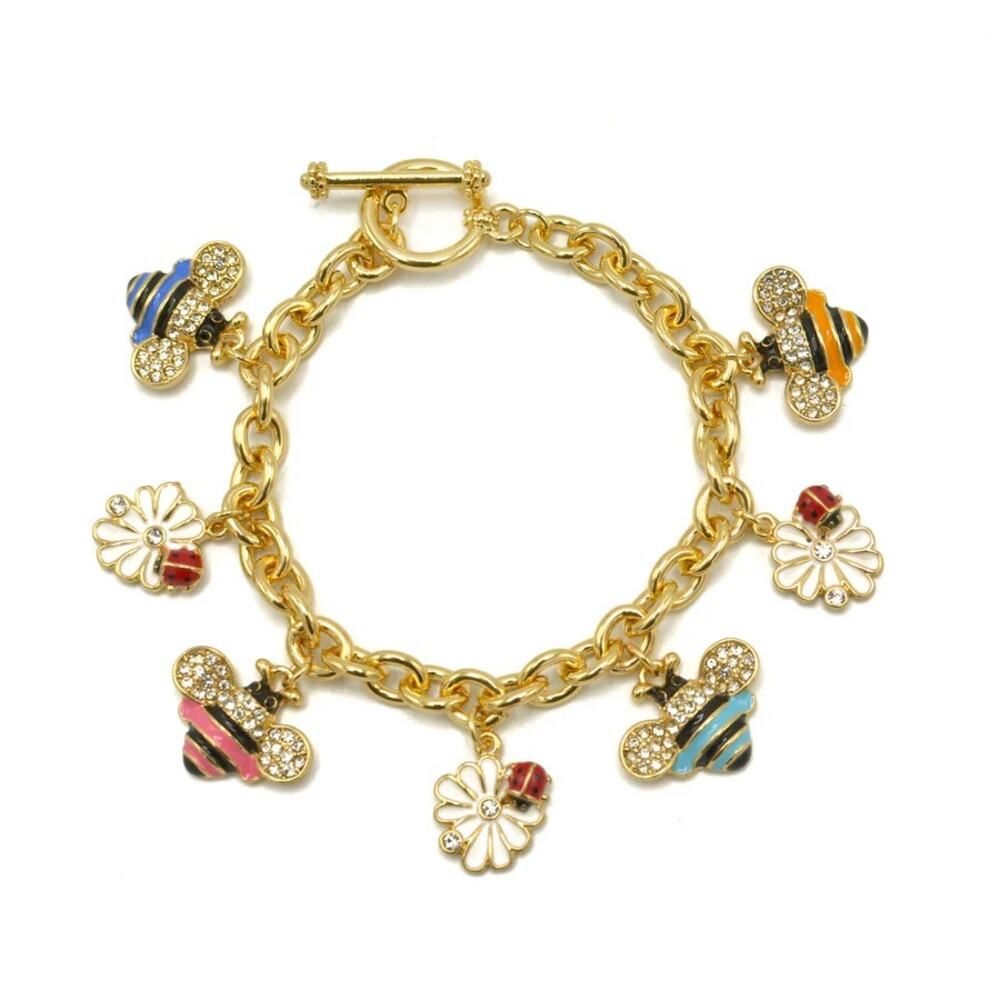 WOMEN'S FASHION GOLDTONE MULTI COLOR BEE AND FLOWER CHARM BRACELET